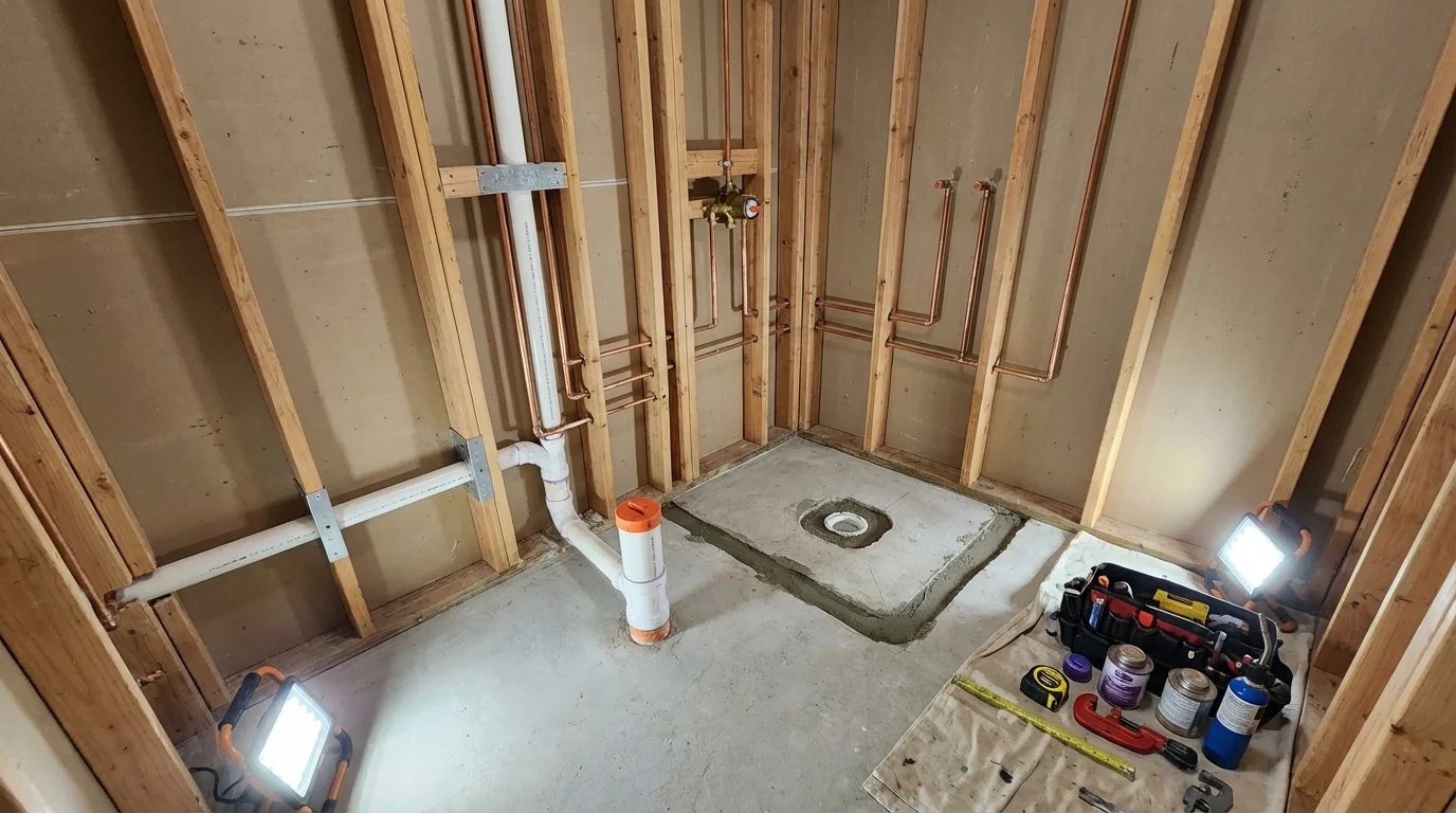 Bathroom rough-in plumbing during remodel by Johns Plumbing LLC in Chicora